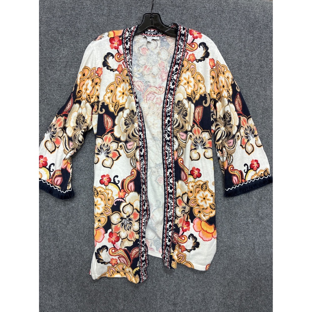 Chico's Floral Paisley Linen Blend Open Front Cardigan Fringe Trim Size 2 Large
